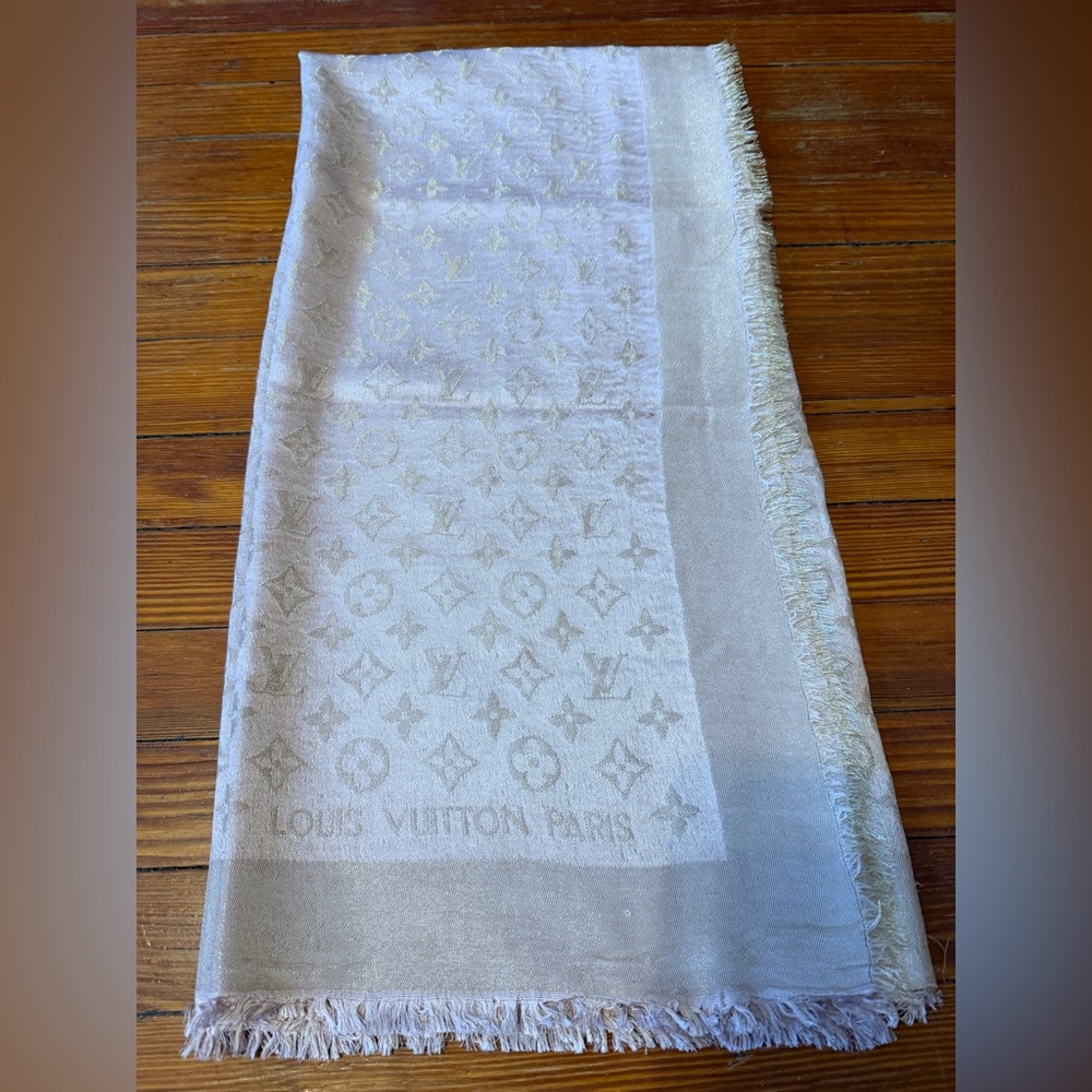 Authentic Louis Vuitton Pink and Gold Chale Monogram Metallic Scarf - Picture 2 of 7